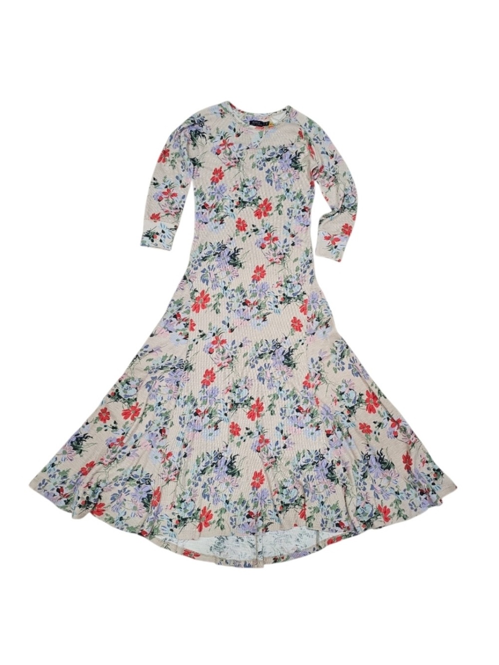 Ralph Lauren Cream Floral Ribbed Thermal Maxi Dress with Red & Blue Blossoms XXL